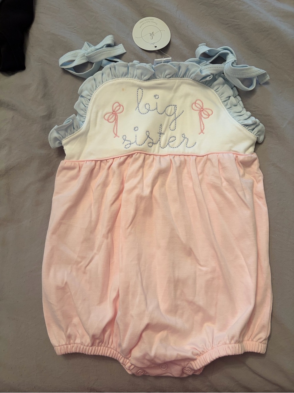 Adorable “Big Sister” embroidered bubble romper perfect for first photos